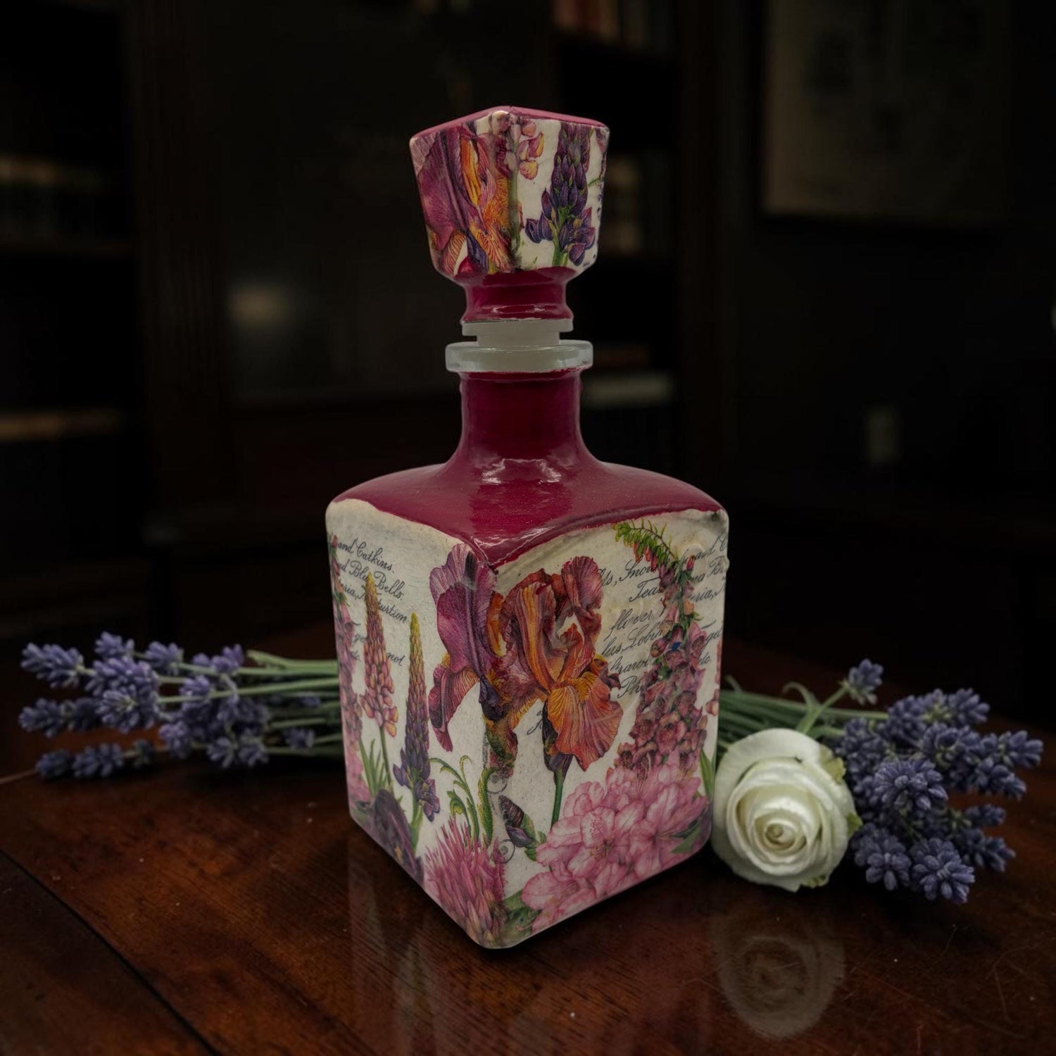 Red Magenta Iris Decoupaged Tequila Bottle, Refillable Liquor Decanter, Floral Bar Decor Gift