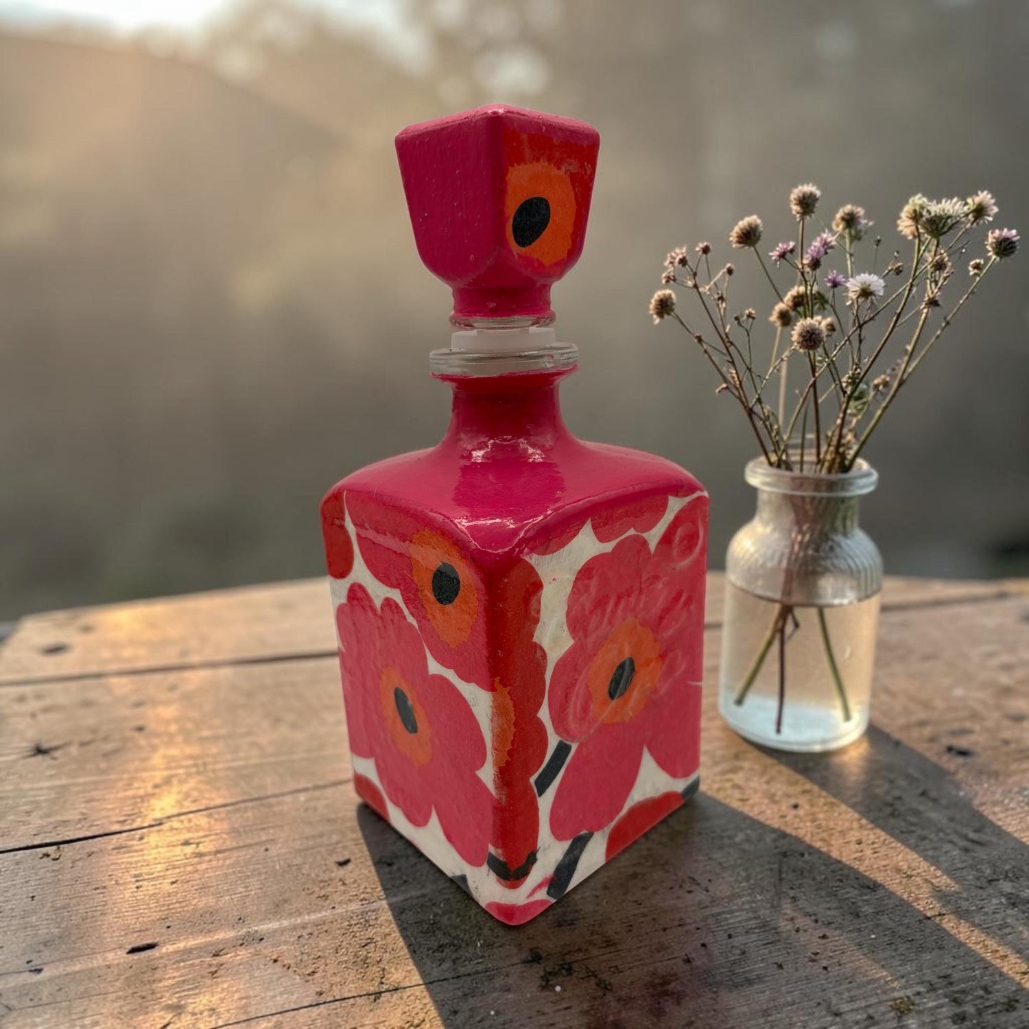 Marimekko Inspired Decoupaged Tequila Bottle, Refillable Liquor Decanter, Modern Floral Bar Decor