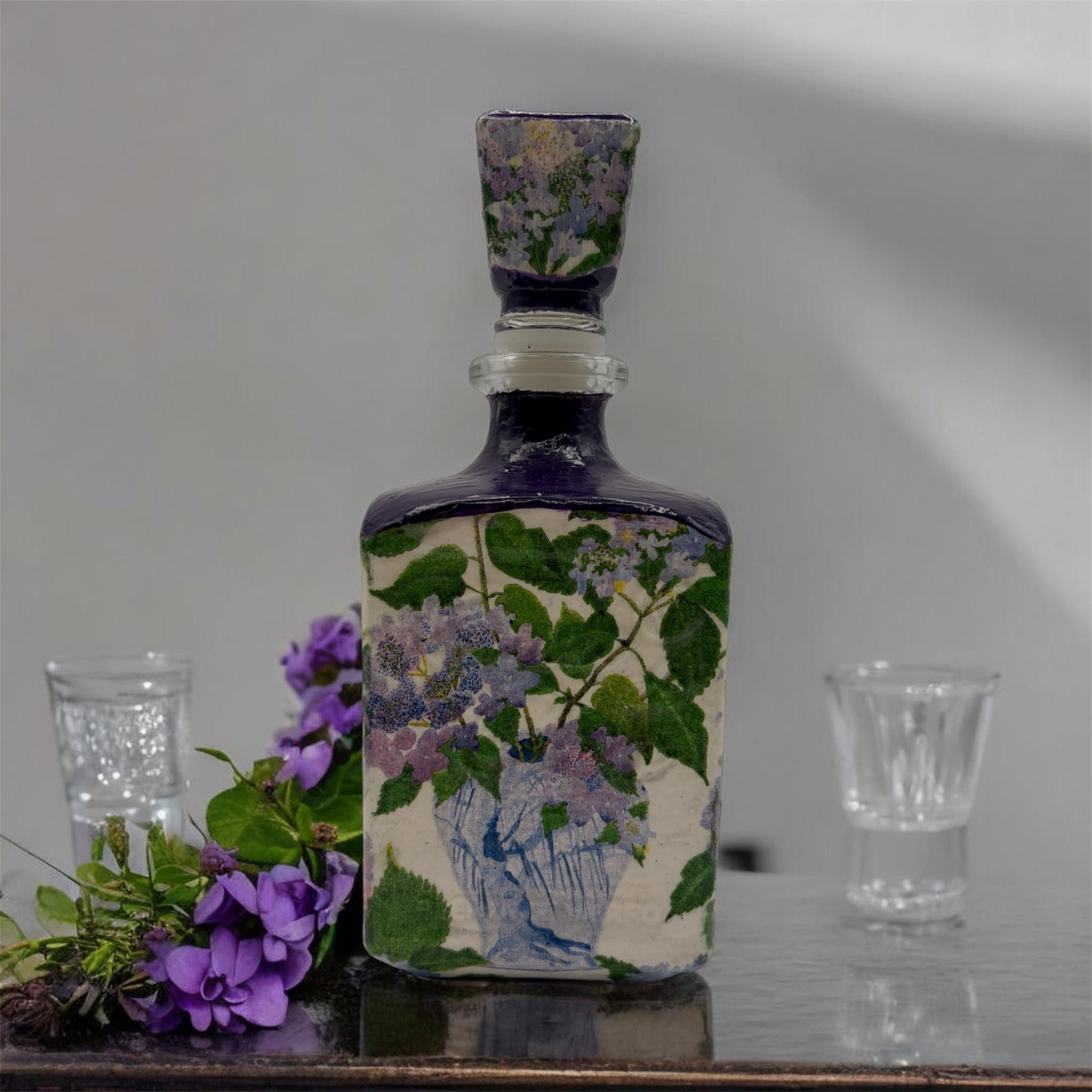 Blue Purple Hydrangea Decoupaged Tequila Bottle, Refillable Liquor Decanter, Floral Bar Decor Gift