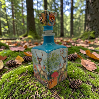 Decoupaged Tequila Bottle, Forest Creatures Woodland Bar Art, Refillable Liquor Container