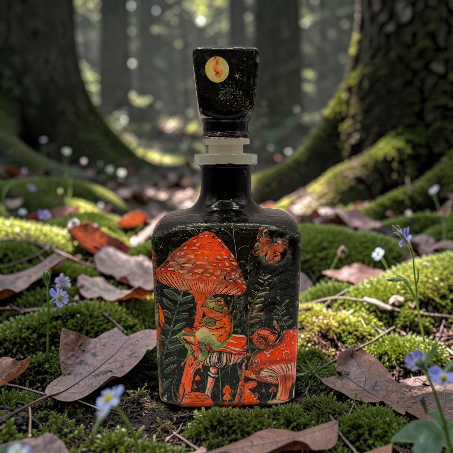 Mushroom Frog Decoupaged Tequila Bottle, Whimsical Forest Bar Decor (750ml)