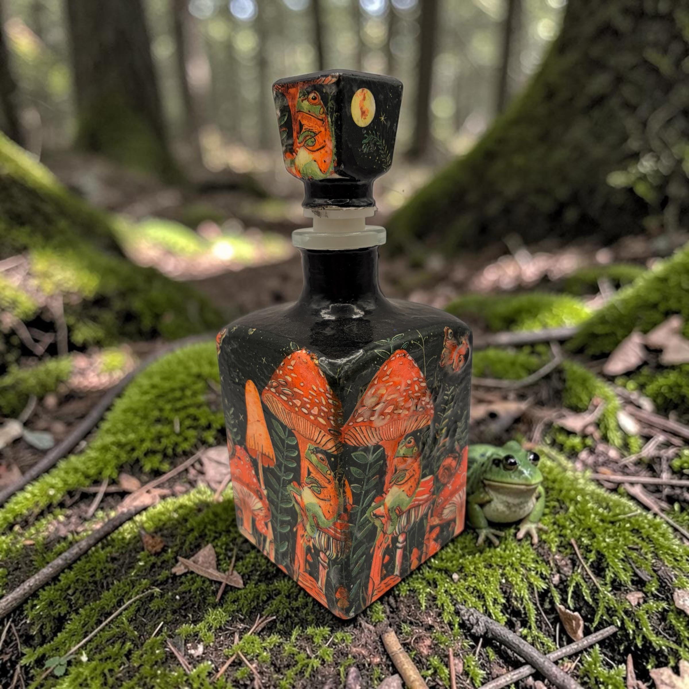 Mushroom Frog Decoupaged Tequila Bottle, Whimsical Forest Bar Decor (750ml)
