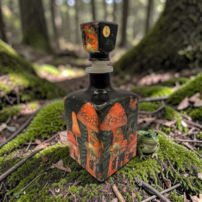 Mushroom Frog Decoupaged Tequila Bottle, Whimsical Forest Bar Decor (750ml)
