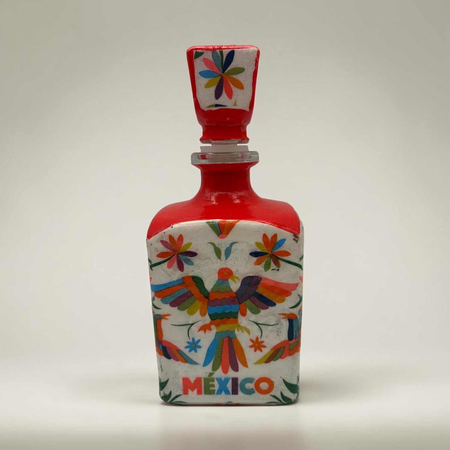 Decoupaged Tequila Bottle, Red Mexican Bird, Refillable Bar Art