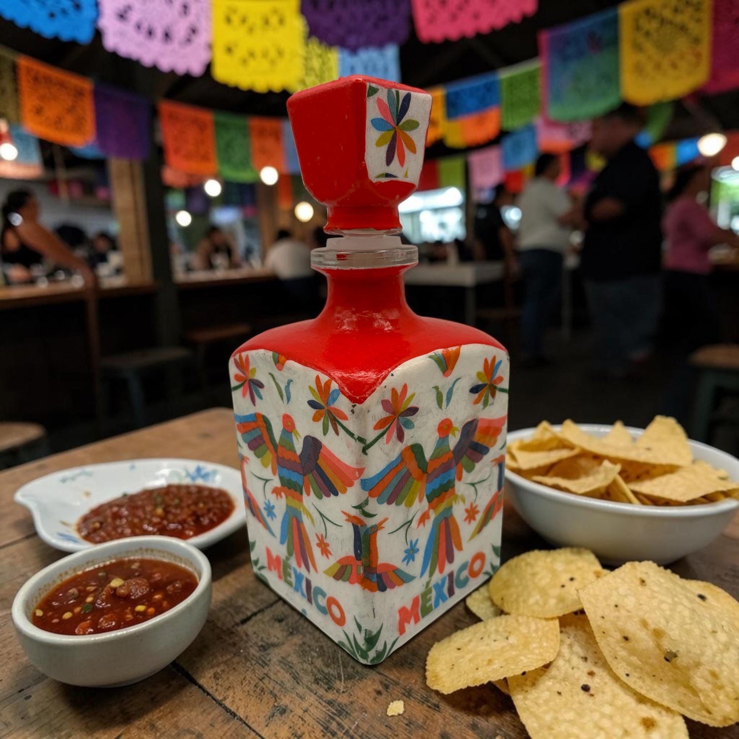 Decoupaged Tequila Bottle, Red Mexican Bird, Refillable Bar Art