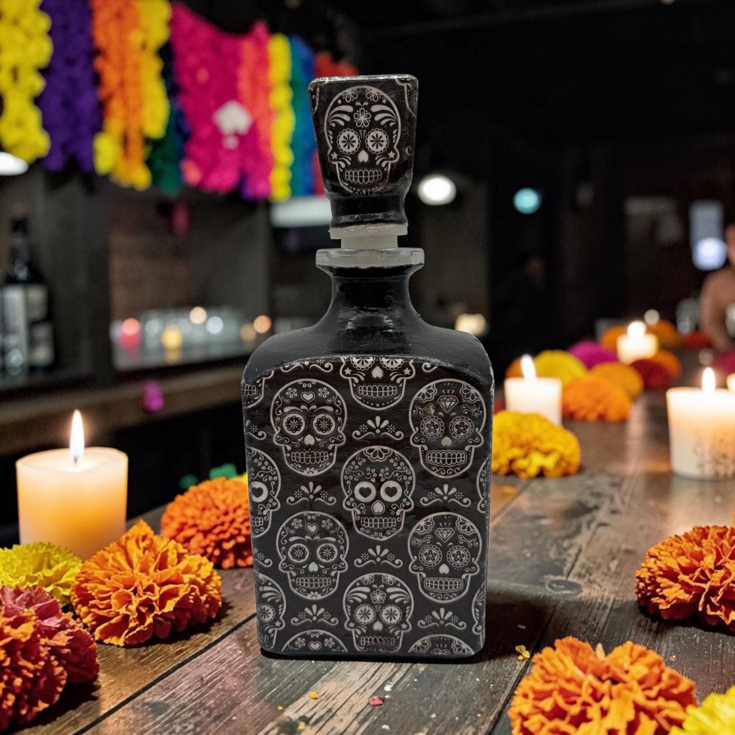Decoupaged Day of the Dead Bottle, Black Skull Tequila, Refillable