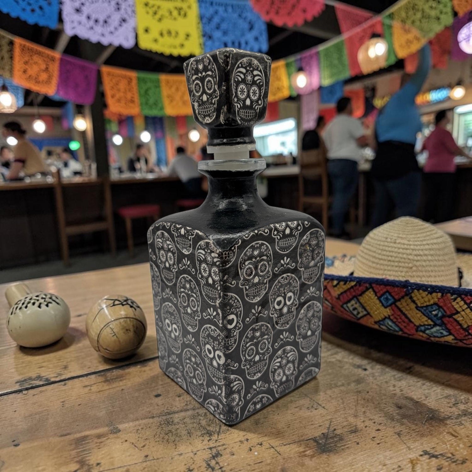 Decoupaged Day of the Dead Bottle, Black Skull Tequila, Refillable