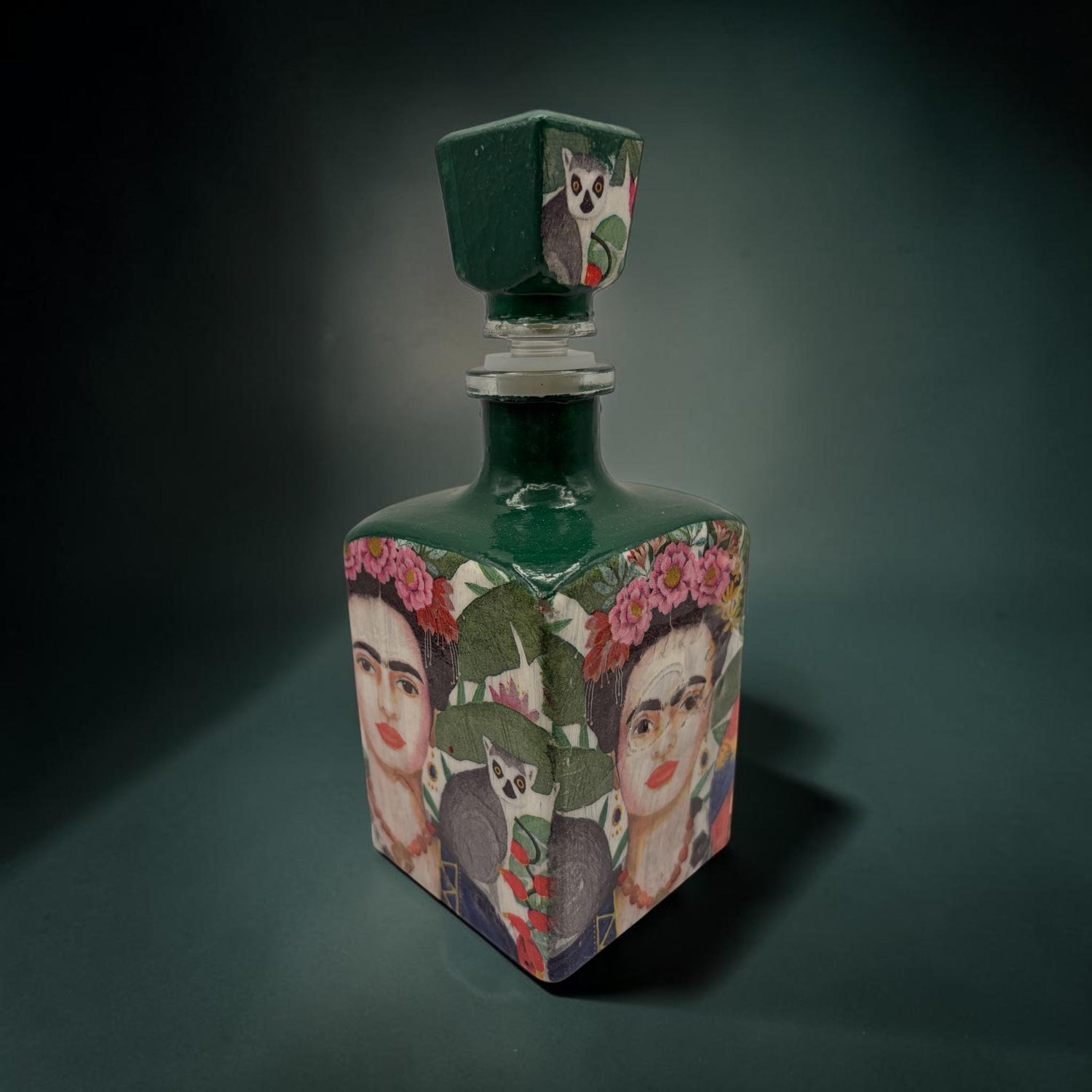 Decoupaged Frida Kahlo Tequila Bottle, Green Refillable Bar Art