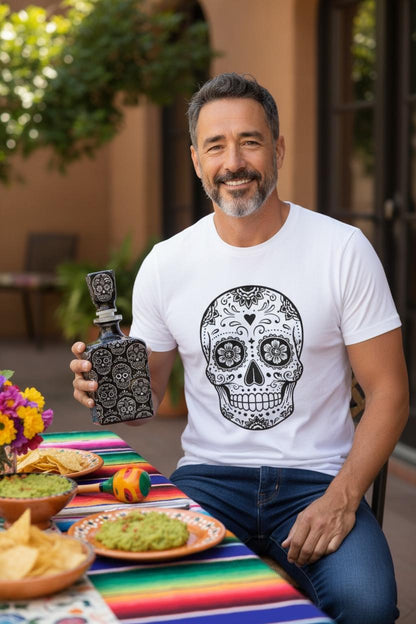 Decoupaged Day of the Dead Bottle, Black Skull Tequila, Refillable
