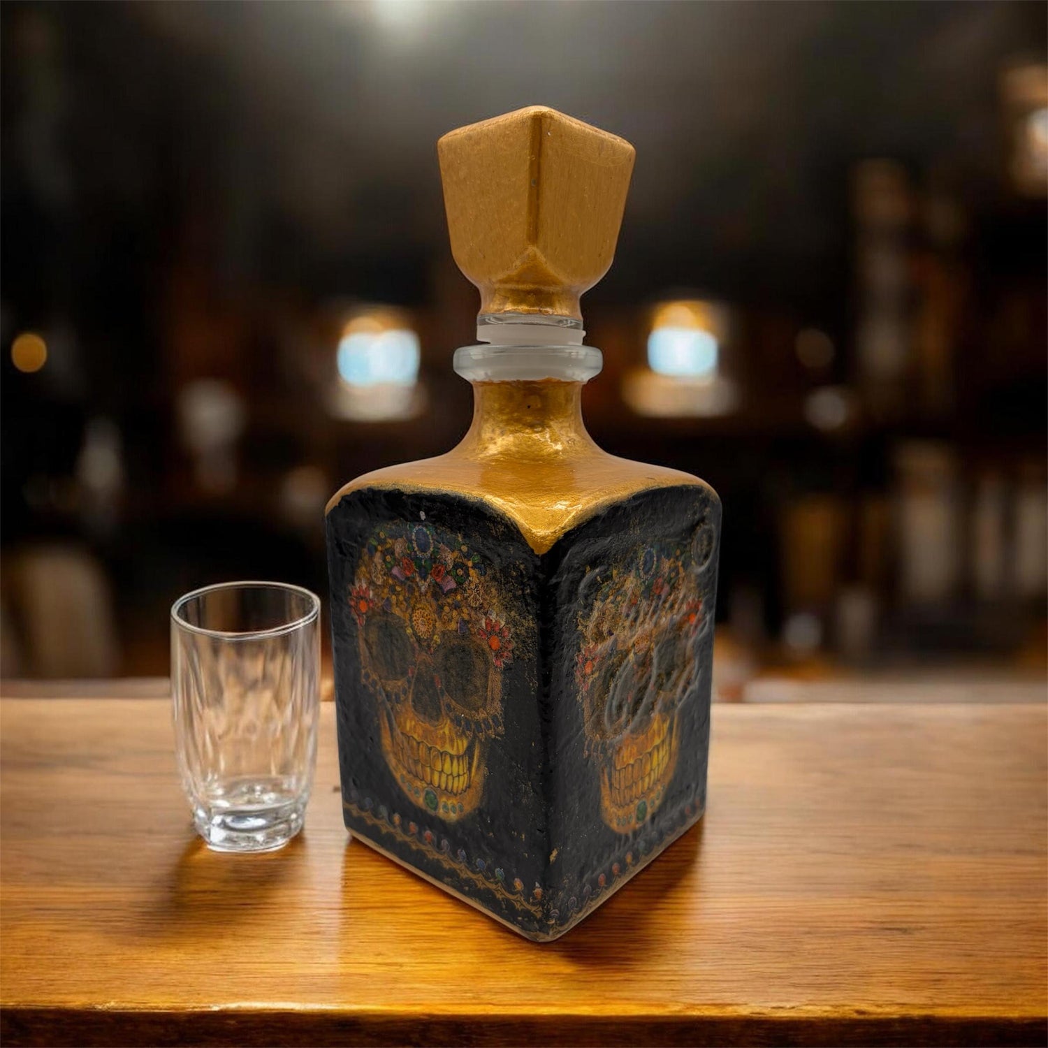 Decoupaged Tequila Bottle, Gold Skull Day of the Dead Bar Decor, Refillable Liquor Bottle, Mexican Handmade Bottle Art