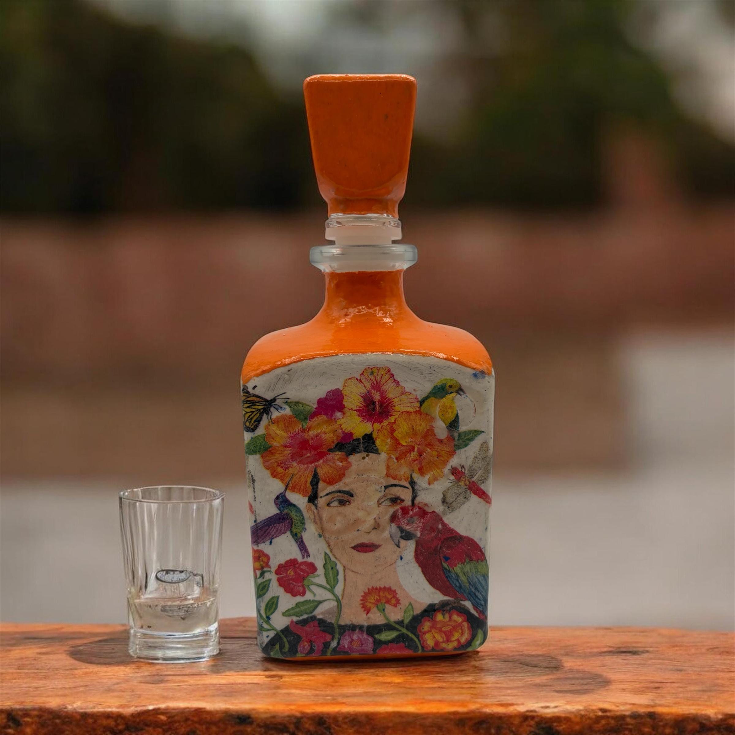 Decoupaged Tequila Bottle, Orange Frida Kahlo Bar Decor, Refillable Liquor Bottle, Mexican Handmade Upcycled Bottle Art