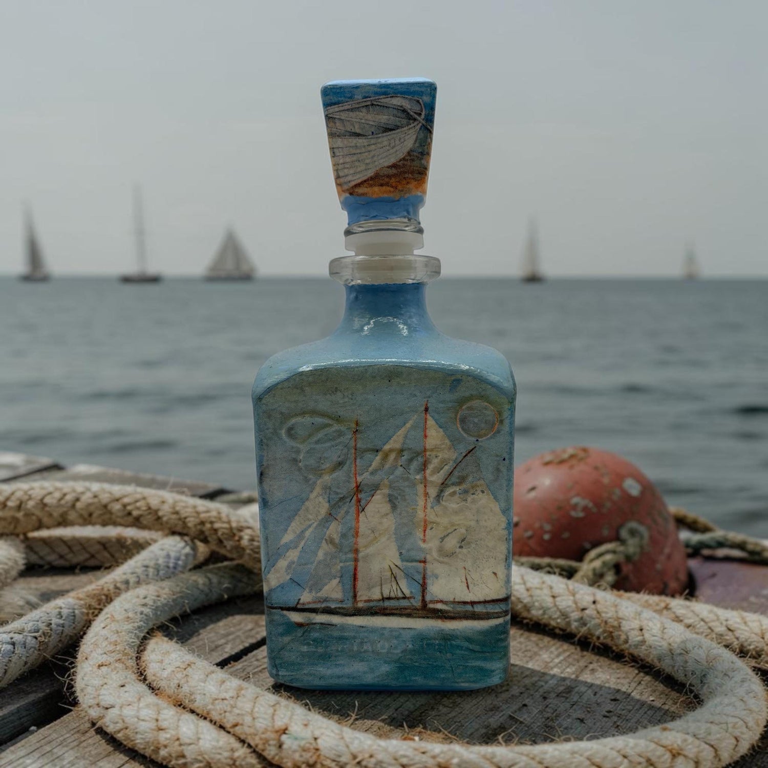 Hand-Decoupaged Tequila Bottle, Blue Sailboat Nautical Bar Decor