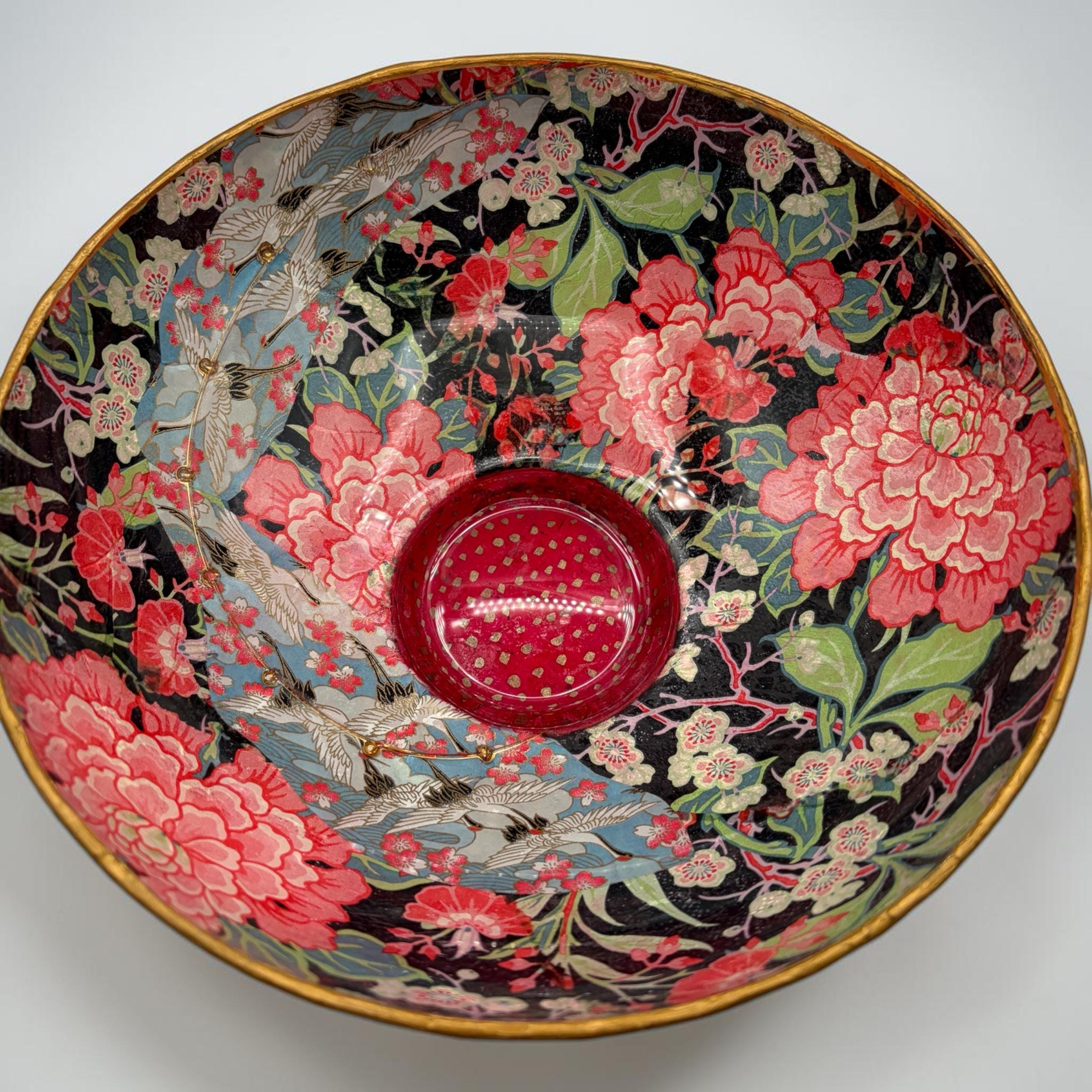Vintage Decoupaged Japanese Art Bowl, Gold Edging, Pink Black Teal Centerpiece