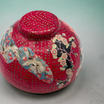 Vintage Decoupaged Japanese Art Bowl, Gold Edging, Pink Black Teal Centerpiece