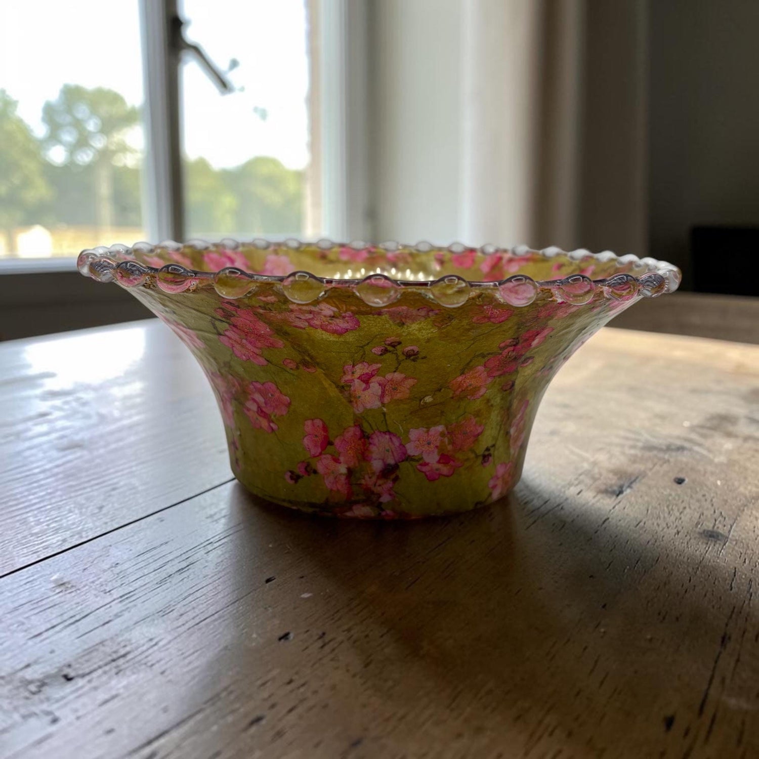 Vintage Fluted Bowl, Decoupaged Geisha Art, Pink Green Gold Centerpiece (Food Safe)
