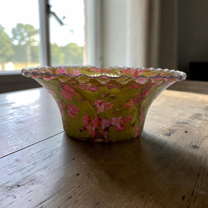 Vintage Fluted Bowl, Decoupaged Geisha Art, Pink Green Gold Centerpiece (Food Safe)