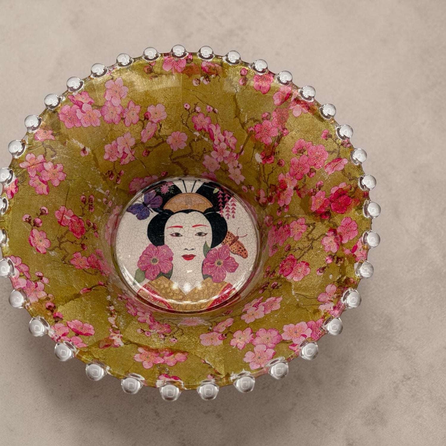Vintage Fluted Bowl, Decoupaged Geisha Art, Pink Green Gold Centerpiece (Food Safe)