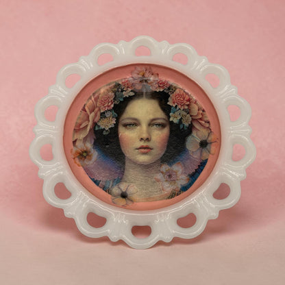 Vintage Milk Glass Scalloped Tray, Decoupage Flower Girl Art, Pink Blossom Vanity Dish