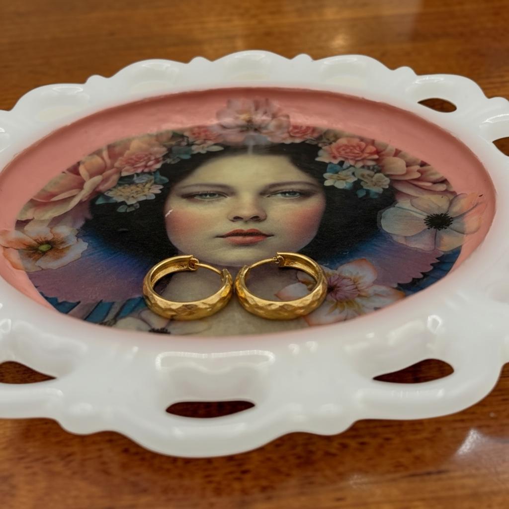 Vintage Milk Glass Scalloped Tray, Decoupage Flower Girl Art, Pink Blossom Vanity Dish