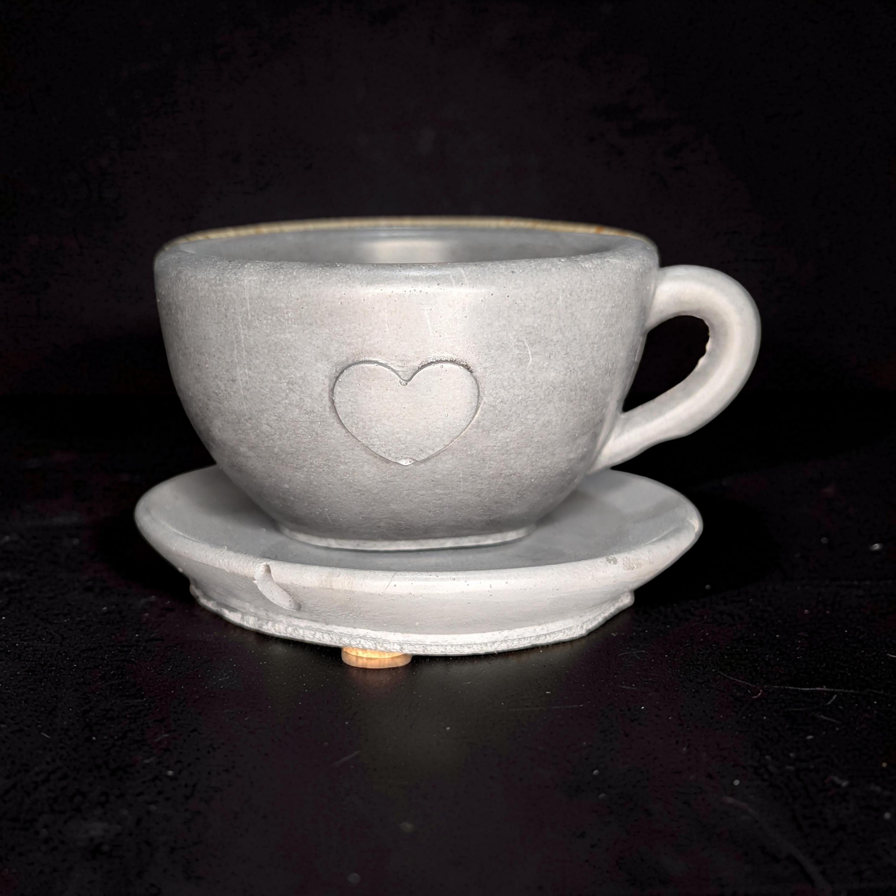 Minimalist Concrete Heart Teacup &amp; Saucer Set | Modern Succulent Planter | Jewelry Dish | Minimalist Concrete Mug + Saucer Set