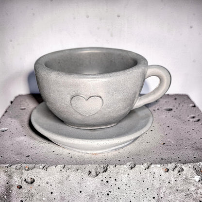 Minimalist Concrete Heart Teacup &amp; Saucer Set | Modern Succulent Planter | Jewelry Dish | Minimalist Concrete Mug + Saucer Set