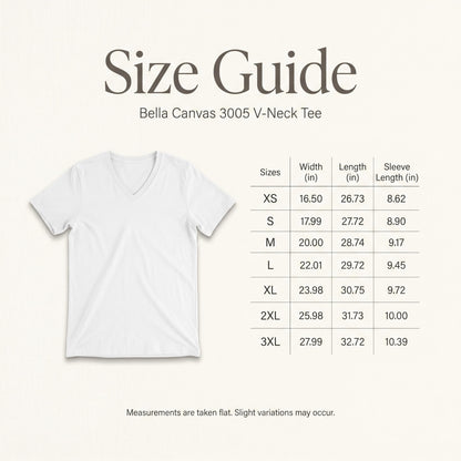 Size guide for Bella Canvas 3005 V-neck tee, listing sizes XS-3XL with measurements.