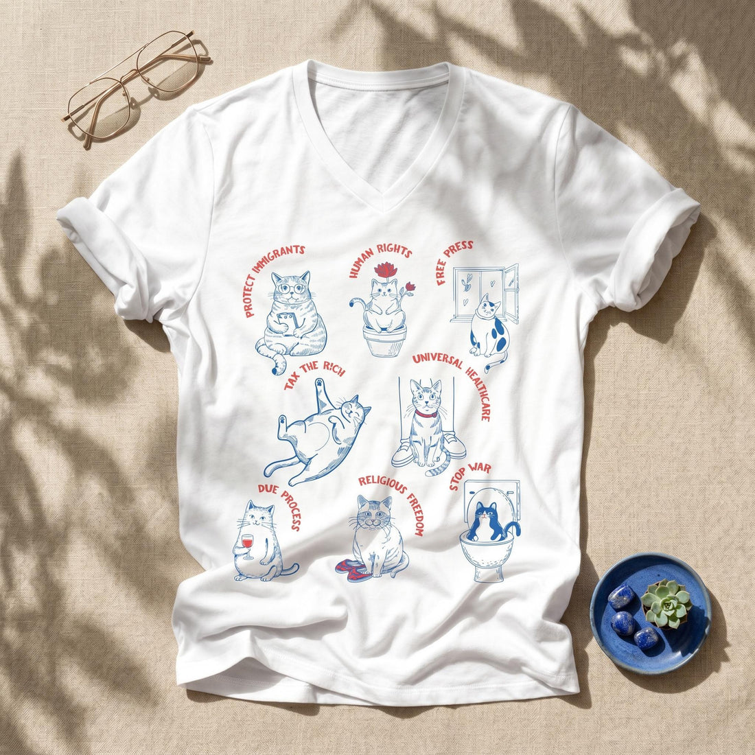 Progressive Cat Lovers V Neck T-Shirt, Liberal Values T Shirt, Anti Trump Tee, Human Rights, Free Press, Tax the Rich Top
