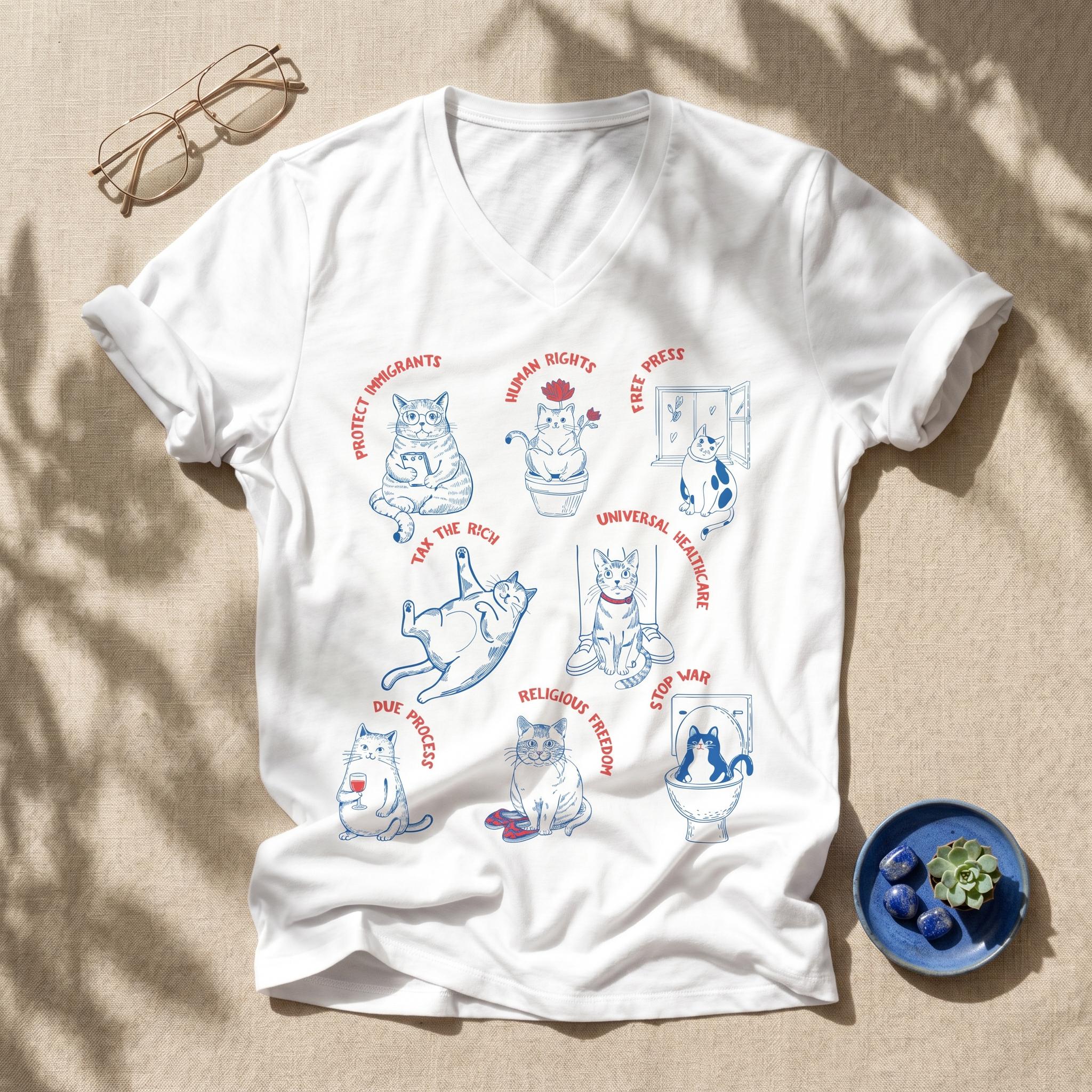 Progressive Cat Lovers V Neck T-Shirt, Liberal Values T Shirt, Anti Trump Tee, Human Rights, Free Press, Tax the Rich Top