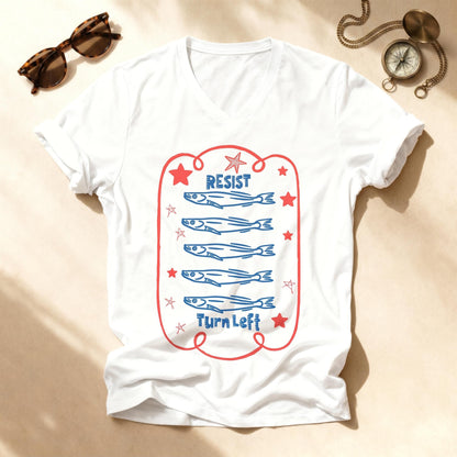 Resist Turn Left Sardines Midterm Election V Neck T Shirt, Progressive Leftist Vote Blue Anti Trump 2026 Tee, Liberal Trendy Top