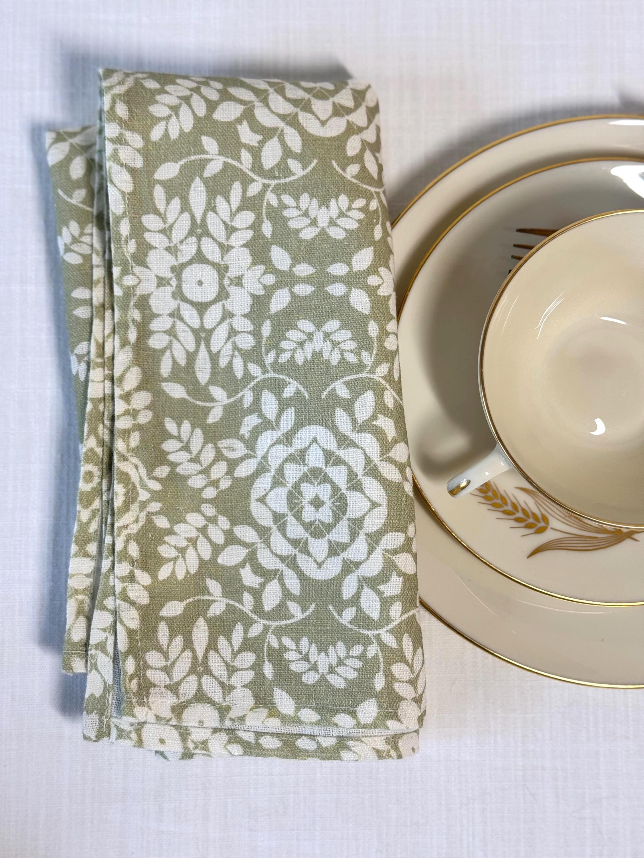 Leaf Damask Napkins – Green Linen Napkin Set – Botanical Table Decor