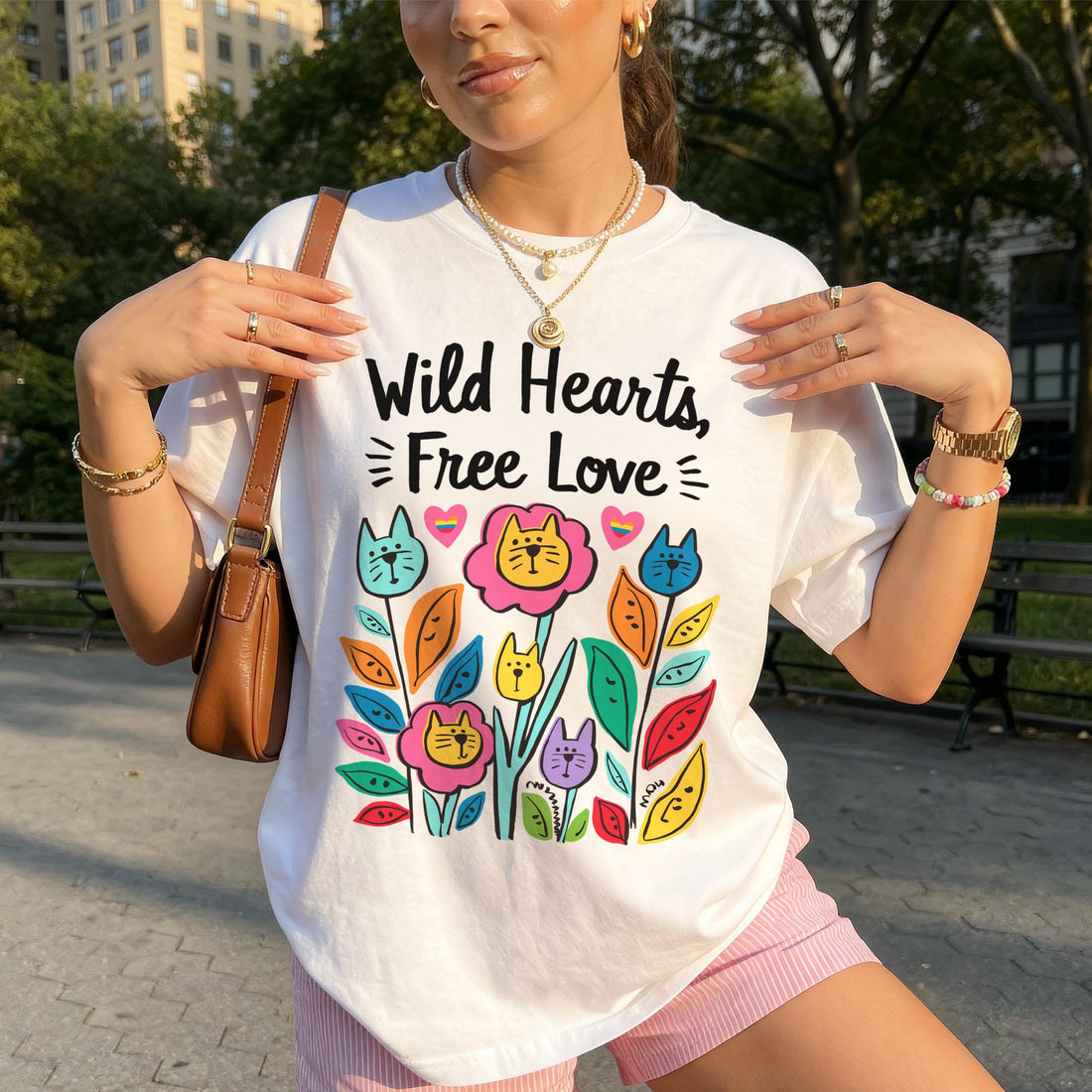 White t-shirt with &amp;quot;Wild Hearts, Free Love&amp;quot; and colorful cat-flower design.