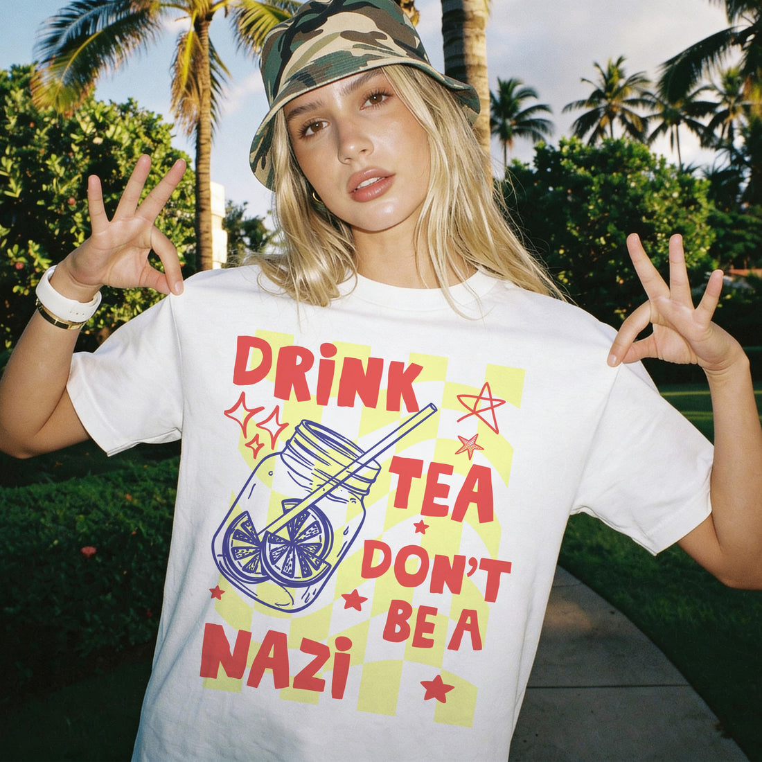 Woman wearing t-shirt with &amp;quot;DRINK TEA DON&amp;