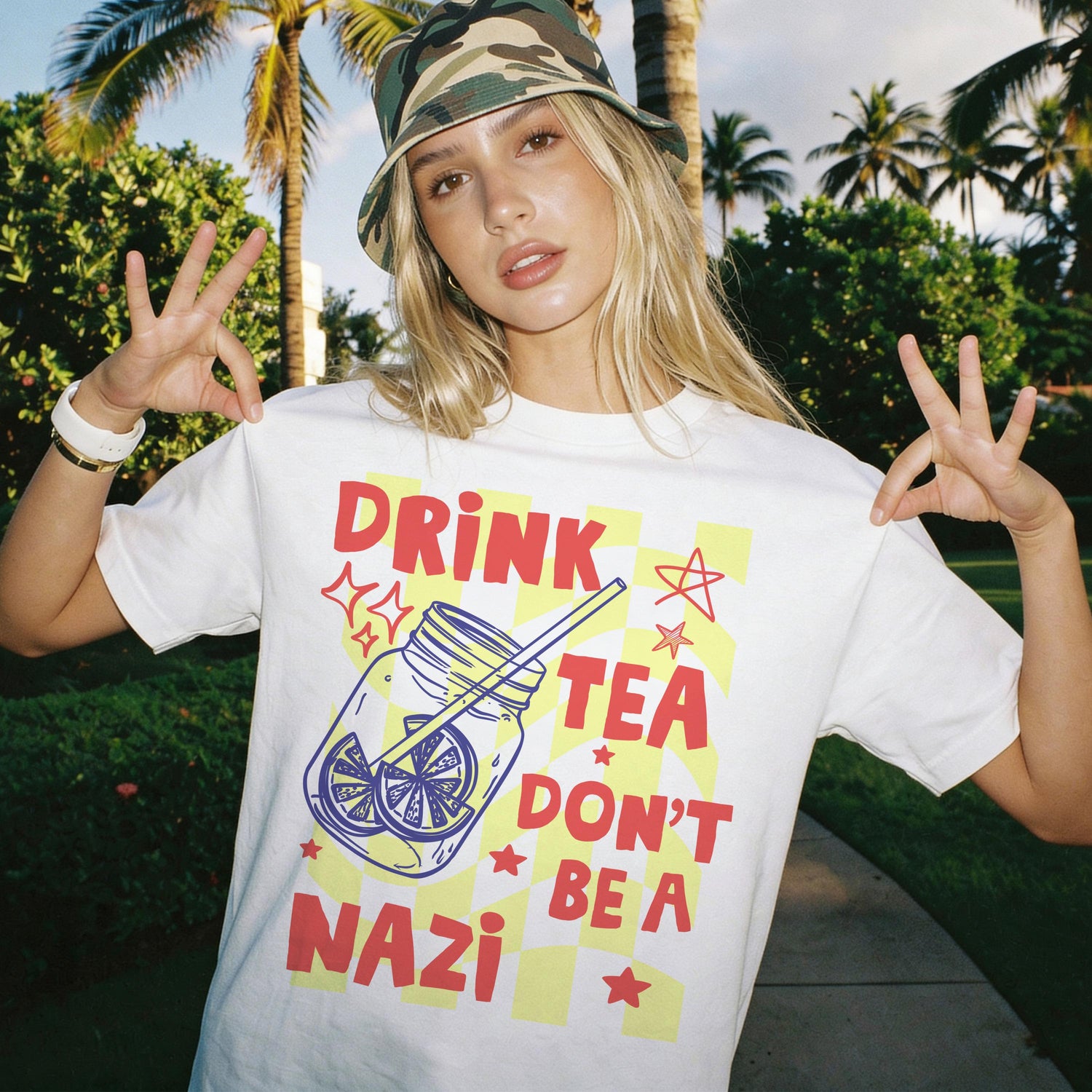 Woman wearing t-shirt with &amp;quot;DRINK TEA DON&amp;