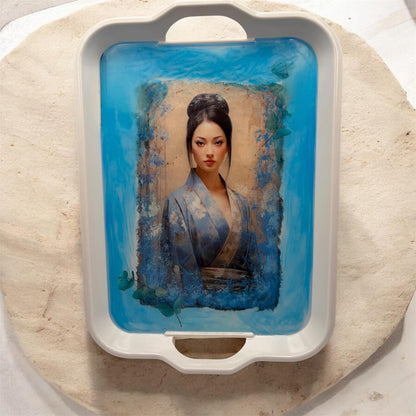 Large Asian Inspired Melamine Serving Tray, Watercolor Art Tray, Food Safe Epoxy Centerpiece Gift