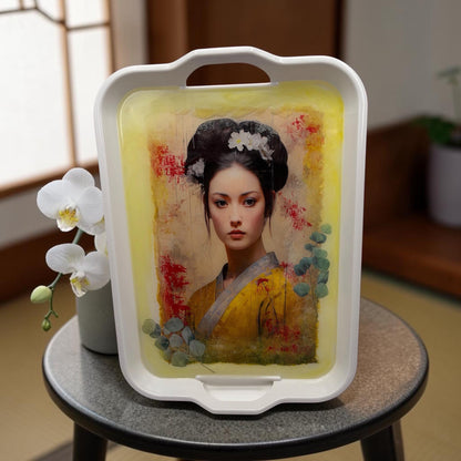 Asian Inspired Melamine Serving Tray, Medium Watercolor Art Tray, Food Safe Epoxy Centerpiece Gift