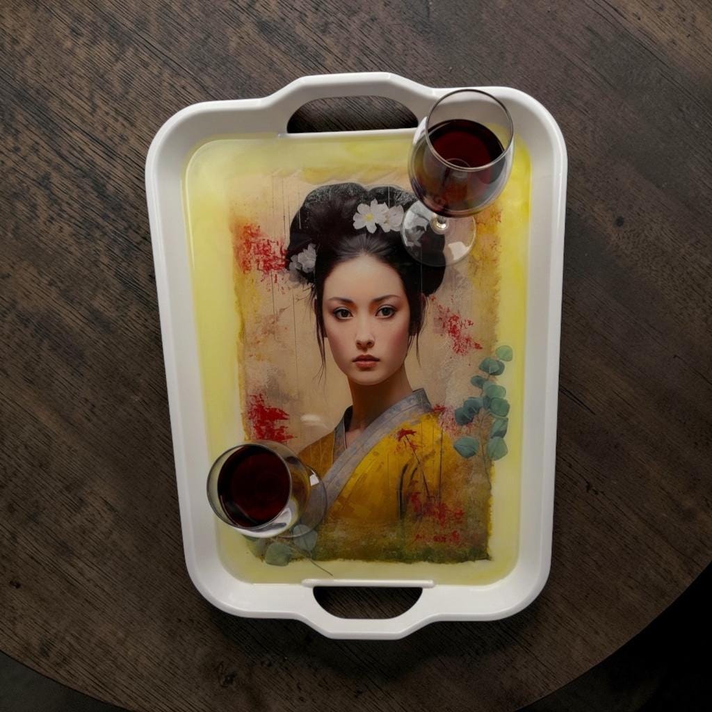 Asian Inspired Melamine Serving Tray, Medium Watercolor Art Tray, Food Safe Epoxy Centerpiece Gift