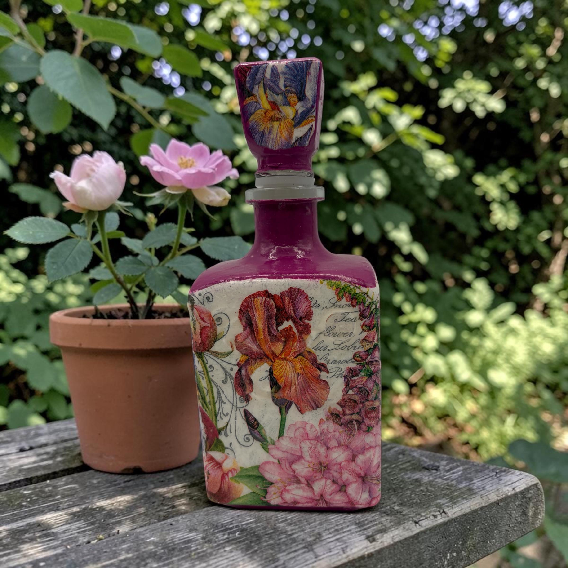 Pink Magenta Iris Decoupaged Tequila Bottle, Refillable Liquor Decanter, Floral Bar Decor Gift