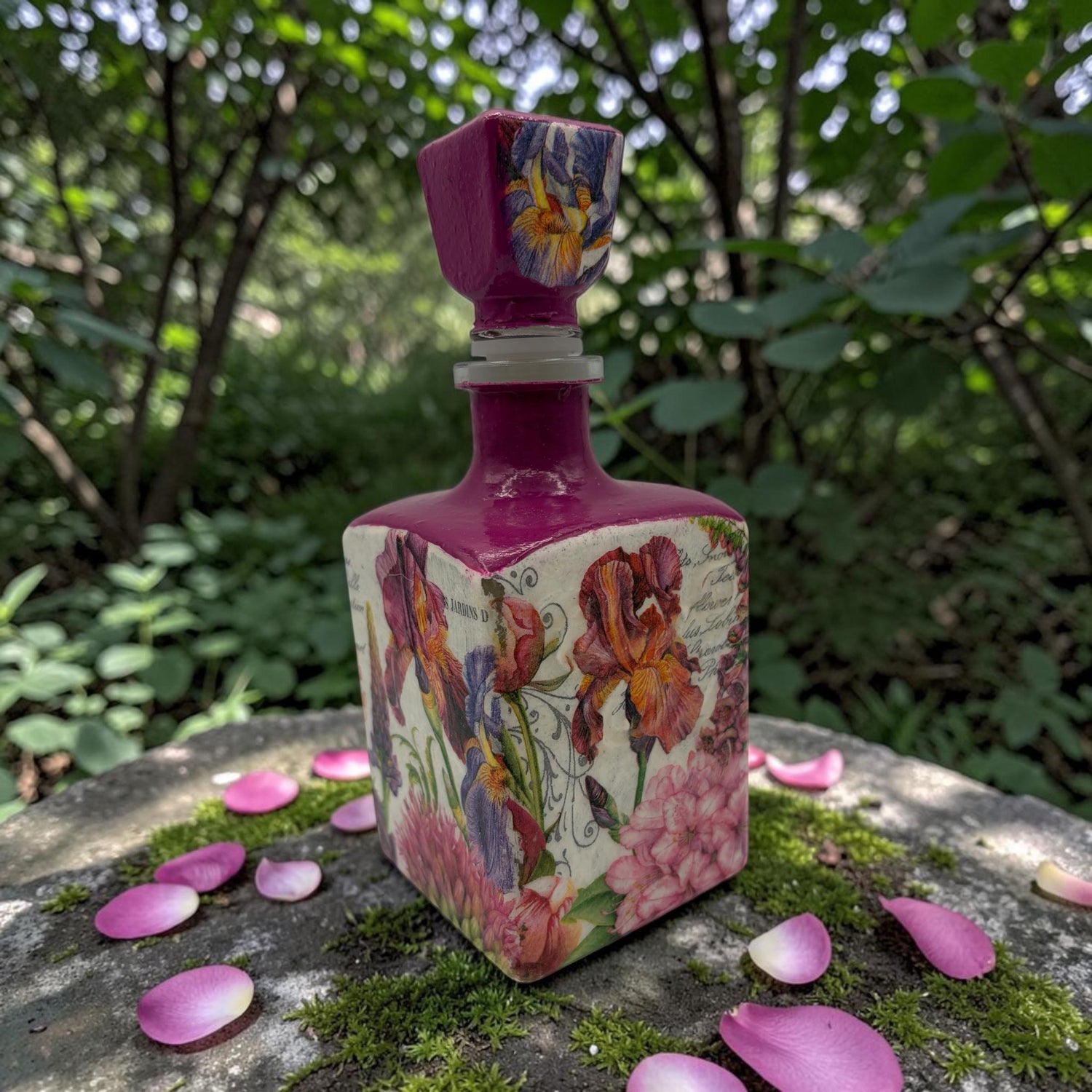 Pink Magenta Iris Decoupaged Tequila Bottle, Refillable Liquor Decanter, Floral Bar Decor Gift