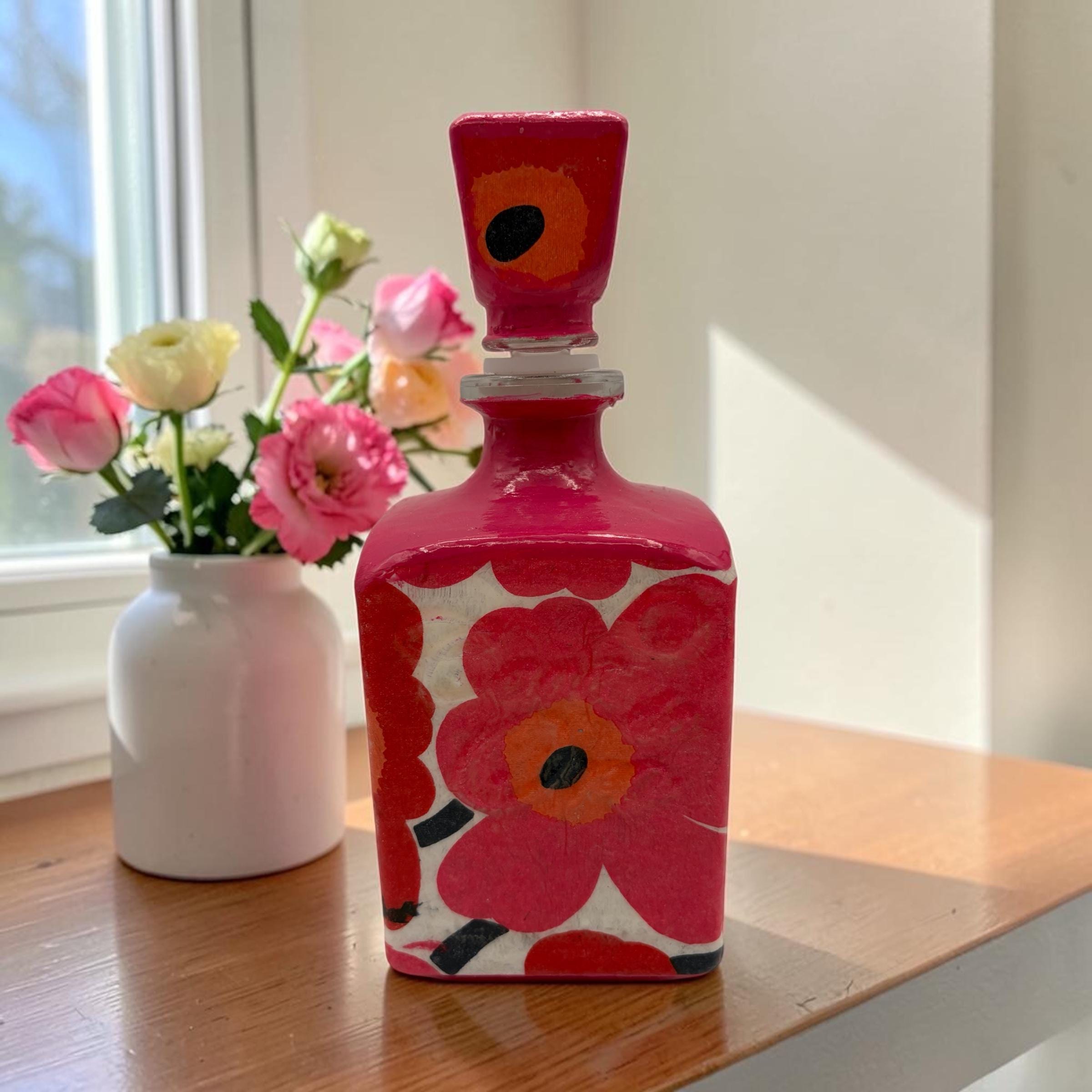Marimekko Inspired Decoupaged Tequila Bottle, Refillable Liquor Decanter, Modern Floral Bar Decor