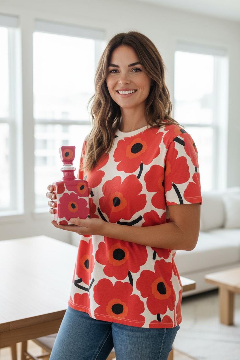 Marimekko Inspired Decoupaged Tequila Bottle, Refillable Liquor Decanter, Modern Floral Bar Decor