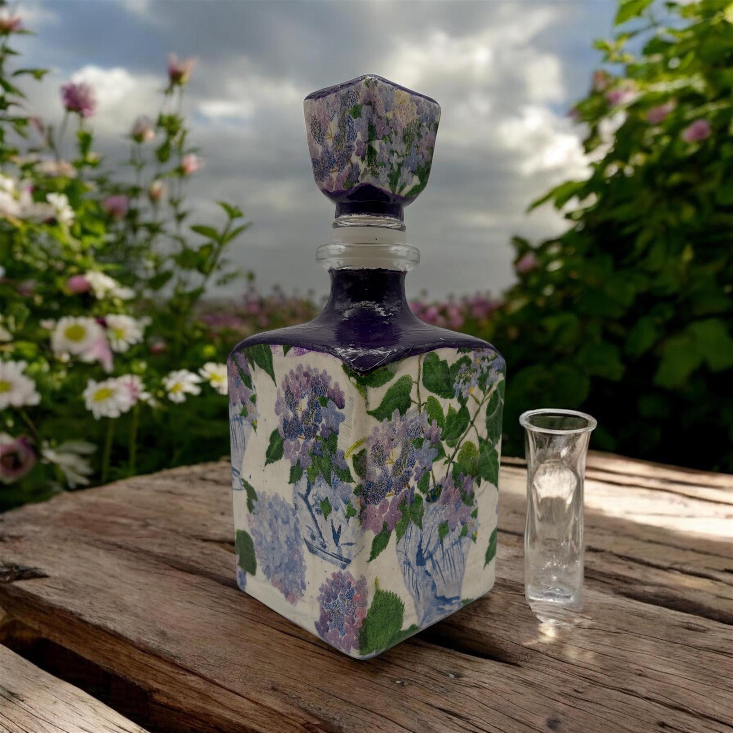 Blue Purple Hydrangea Decoupaged Tequila Bottle, Refillable Liquor Decanter, Floral Bar Decor Gift