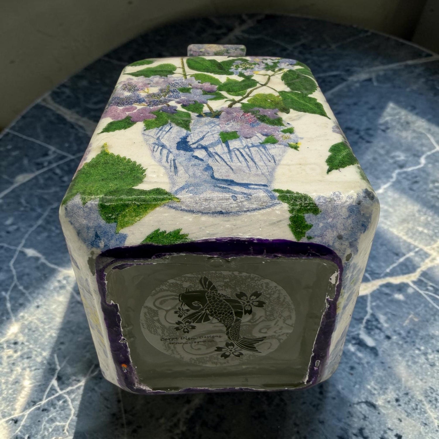 Blue Purple Hydrangea Decoupaged Tequila Bottle, Refillable Liquor Decanter, Floral Bar Decor Gift
