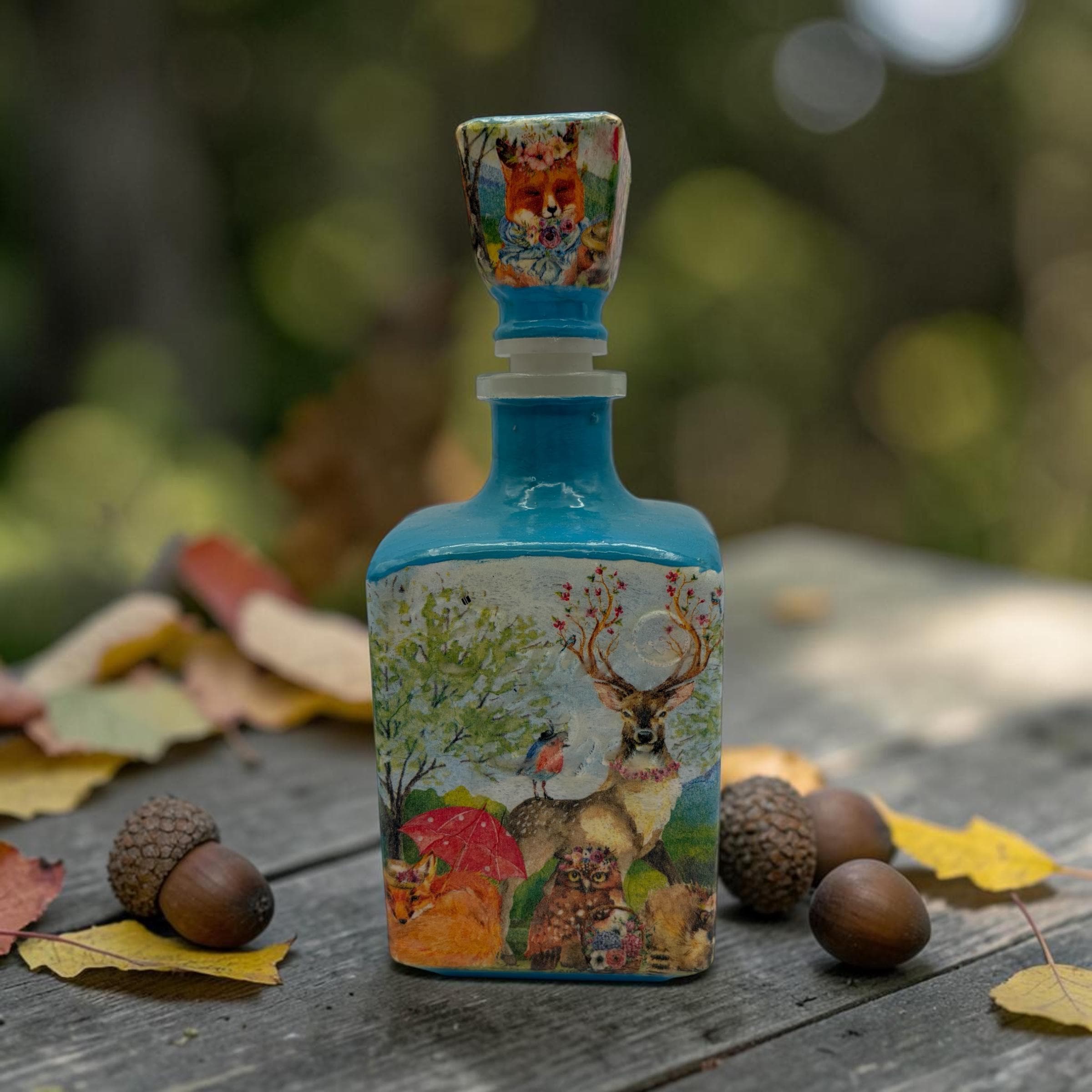 Decoupaged Tequila Bottle, Forest Creatures Woodland Bar Art, Refillable Liquor Container