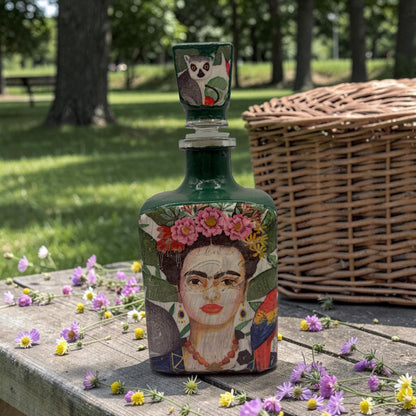 Decoupaged Frida Kahlo Tequila Bottle, Green Refillable Bar Art