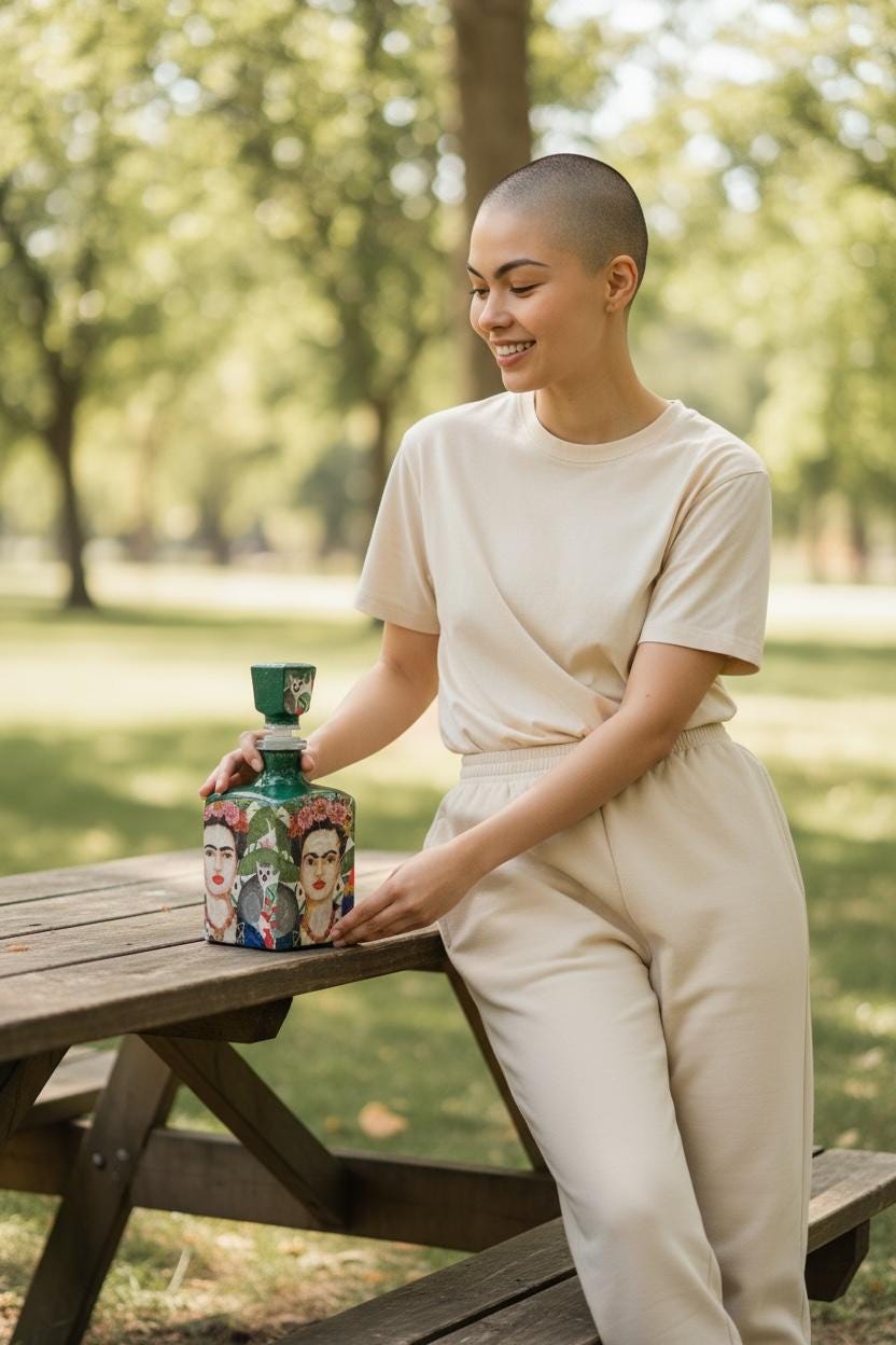 Decoupaged Frida Kahlo Tequila Bottle, Green Refillable Bar Art