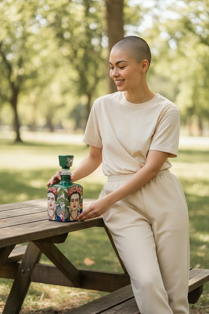 Decoupaged Frida Kahlo Tequila Bottle, Green Refillable Bar Art