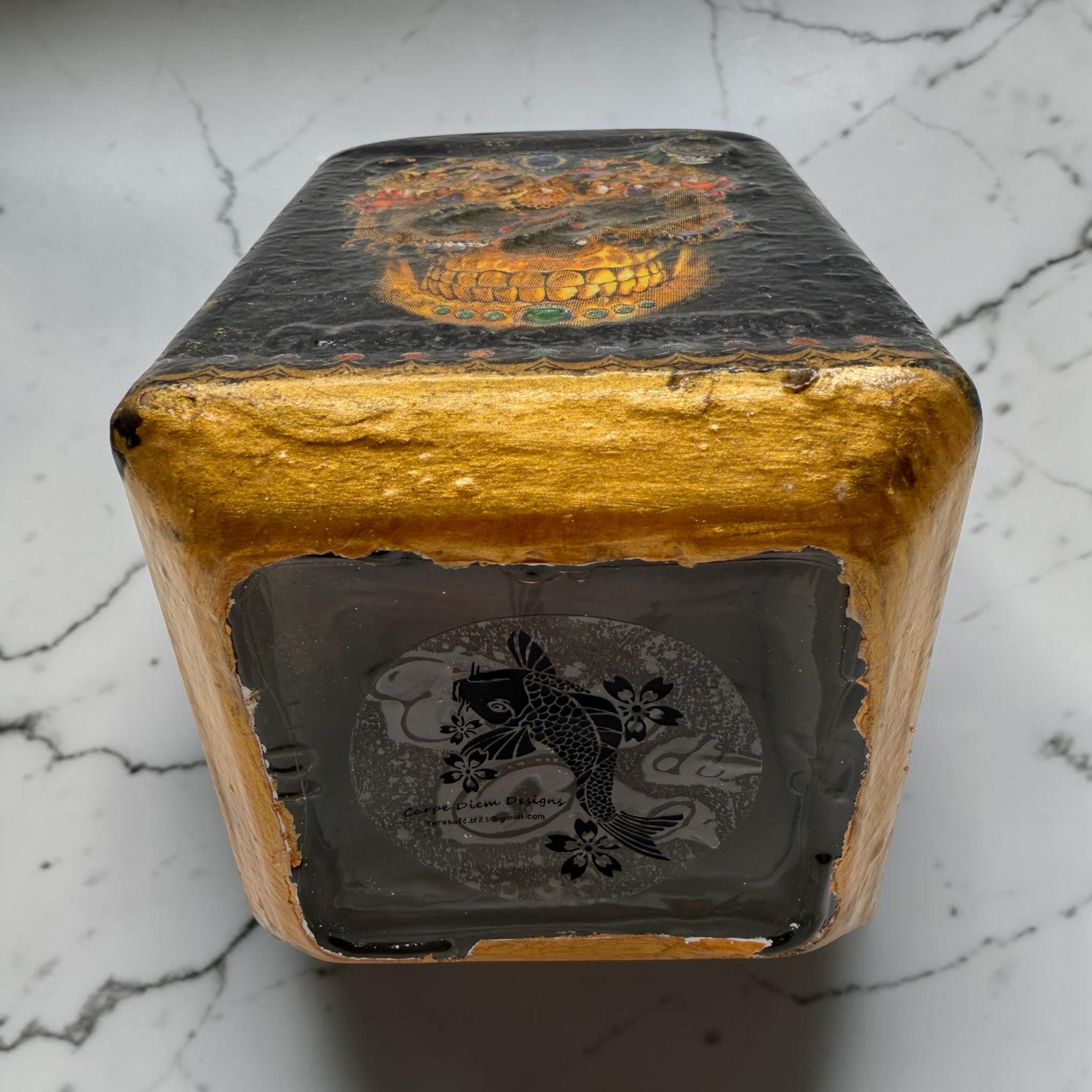 Decoupaged Tequila Bottle, Gold Skull Day of the Dead Bar Decor, Refillable Liquor Bottle, Mexican Handmade Bottle Art