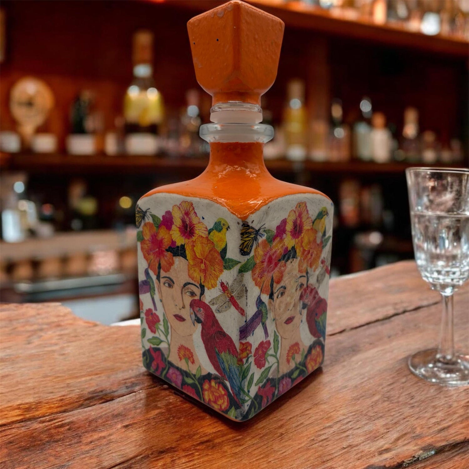 Decoupaged Tequila Bottle, Orange Frida Kahlo Bar Decor, Refillable Liquor Bottle, Mexican Handmade Upcycled Bottle Art
