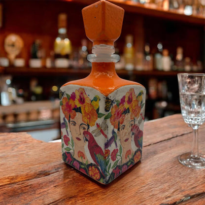 Decoupaged Tequila Bottle, Orange Frida Kahlo Bar Decor, Refillable Liquor Bottle, Mexican Handmade Upcycled Bottle Art