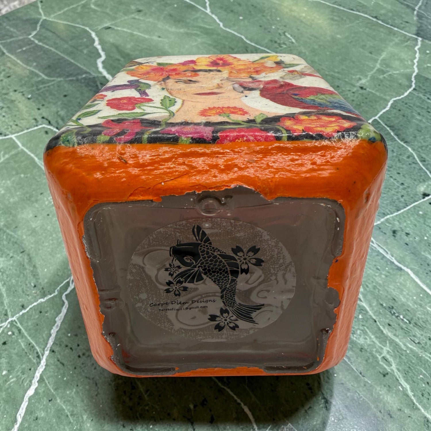 Decoupaged Tequila Bottle, Orange Frida Kahlo Bar Decor, Refillable Liquor Bottle, Mexican Handmade Upcycled Bottle Art